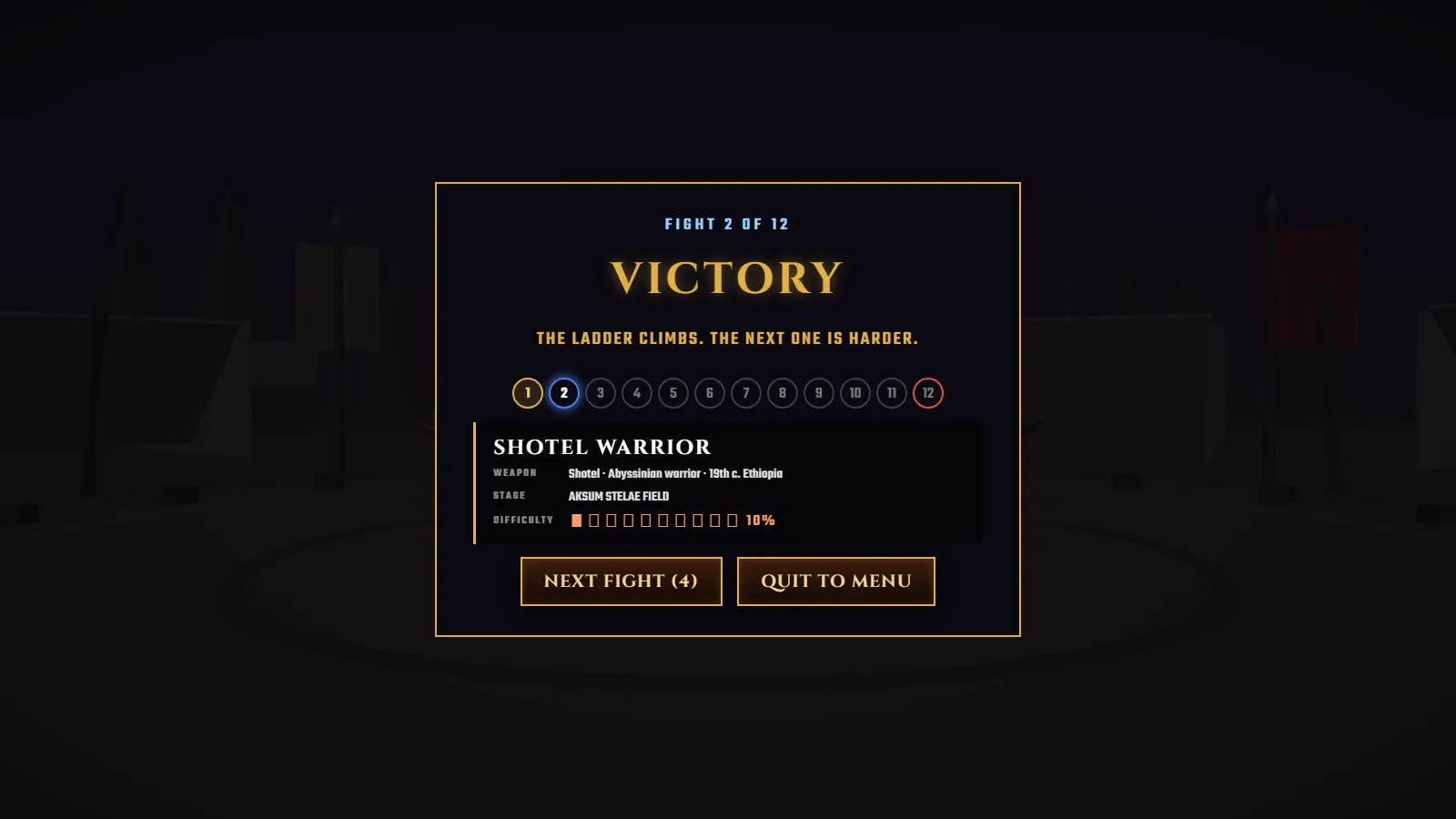 Arcade ladder victory card: Fight 2 of 12 cleared, a twelve-node ladder track, and the next opponent — Shotel Warrior at Aksum Stelae Field, difficulty 10%.