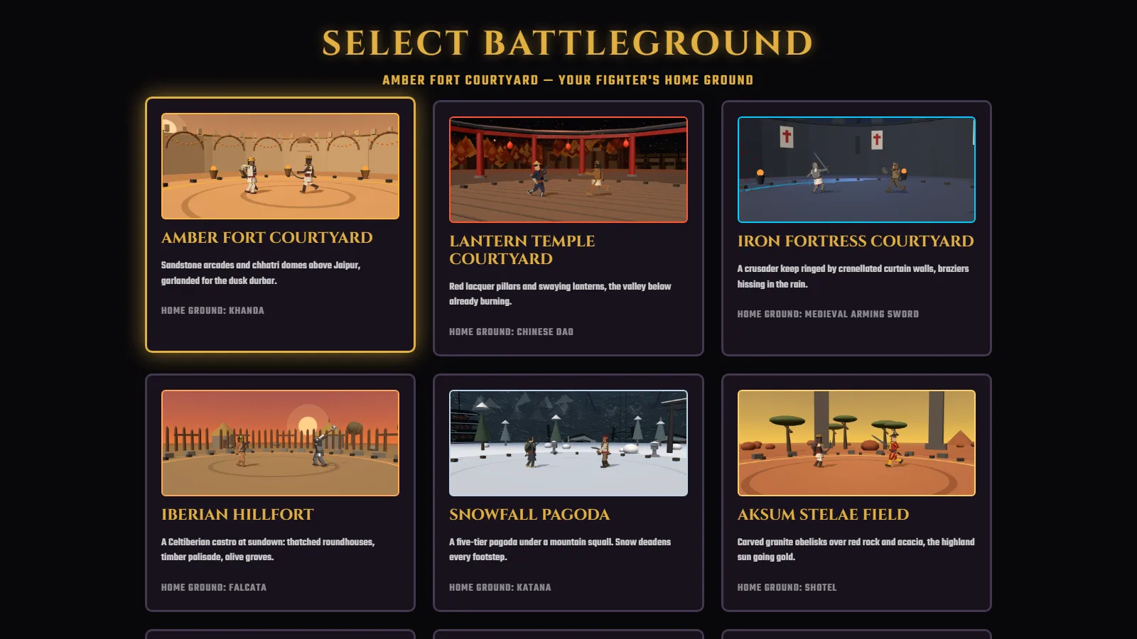 Select Battleground screen showing six of the twelve home stages as thumbnails: Amber Fort Courtyard, Lantern Temple Courtyard, Iron Fortress Courtyard, Iberian Hillfort, Snowfall Pagoda, Aksum Stelae Field.