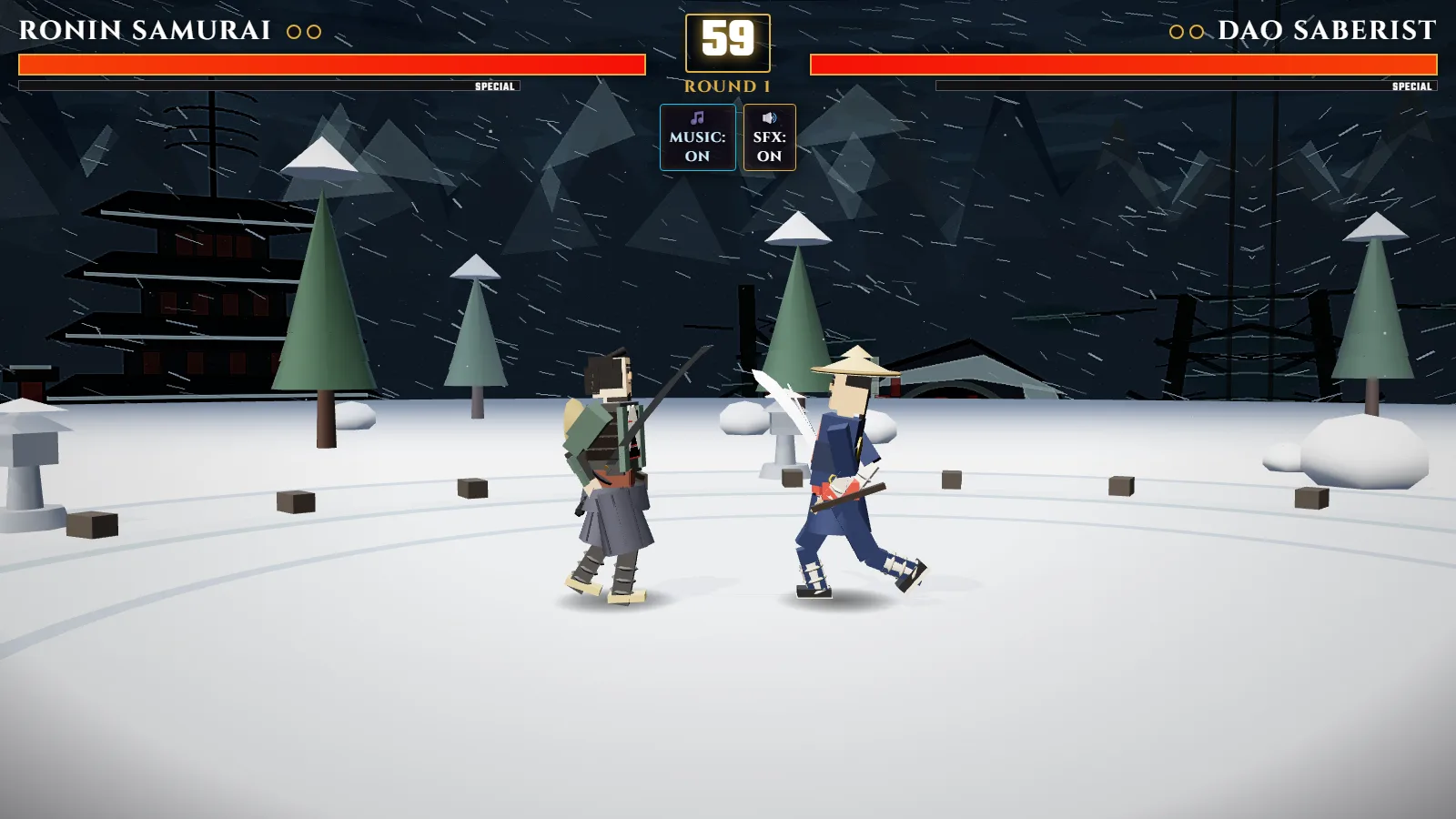 Ronin Samurai and Dao Saberist facing off in the Snowfall Pagoda arena at night, snow blowing sideways past a dark five-tier pagoda and pine silhouettes.