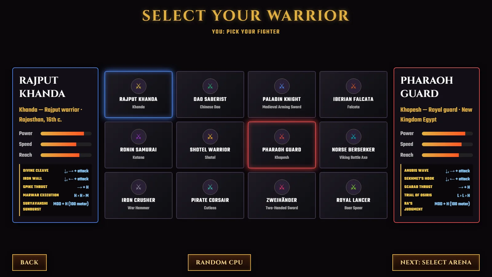 The Select Your Warrior screen: Rajput Khanda's power/speed/reach bars and five specials on the left, Pharaoh Guard's on the right, the full twelve-fighter grid between them.