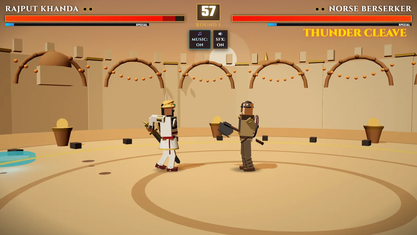 Rajput Khanda and Norse Berserker squared up in the Amber Fort Courtyard under a dusk sky, health bars and round timer at 57 across the top, Thunder Cleave named as the Berserker's incoming special.