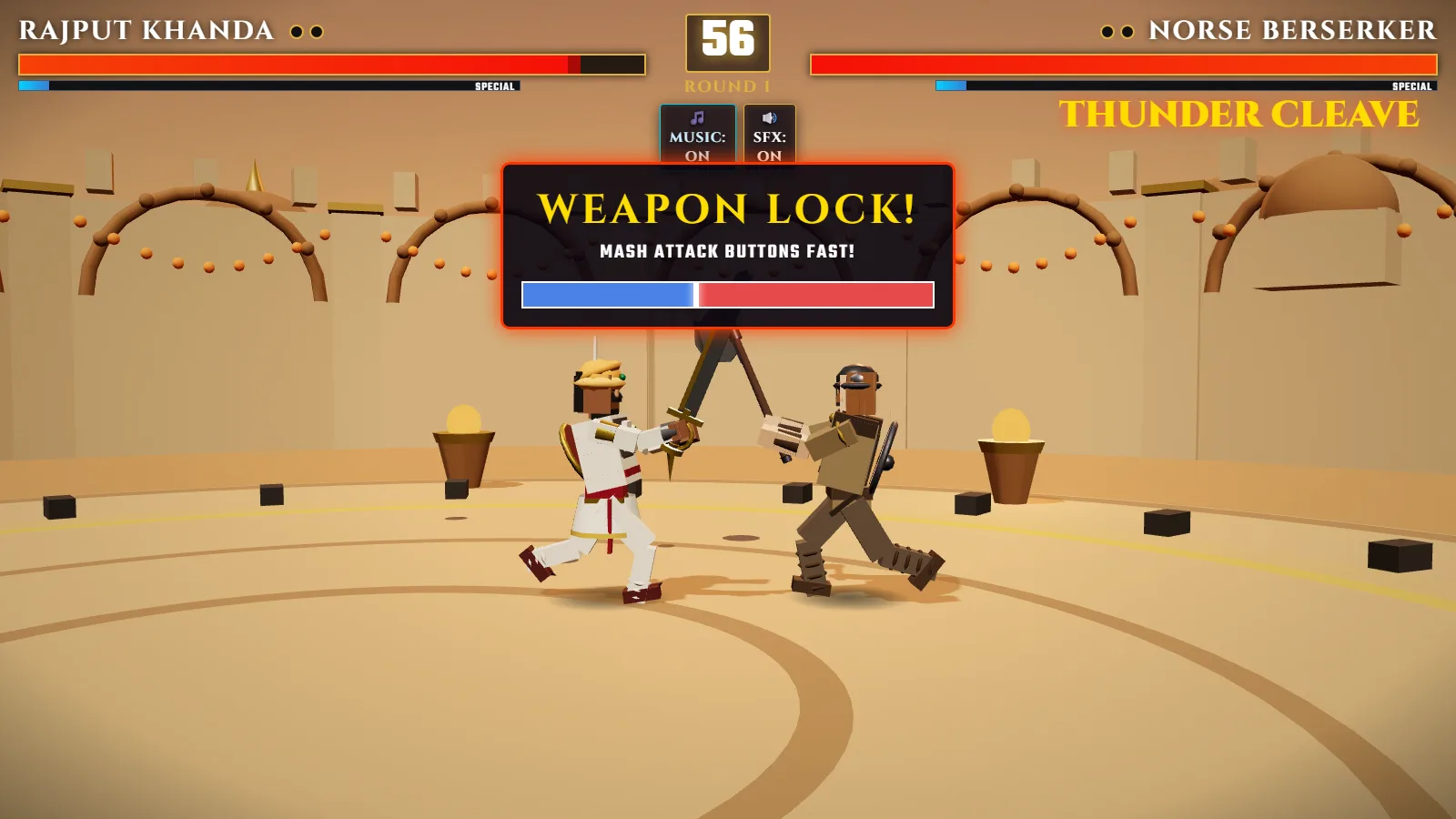 A weapon lock triggered mid-fight in the Amber Fort Courtyard: Rajput Khanda and Norse Berserker with blades crossed overhead, the WEAPON LOCK banner and a mash meter over the fight, Thunder Cleave named at top right.