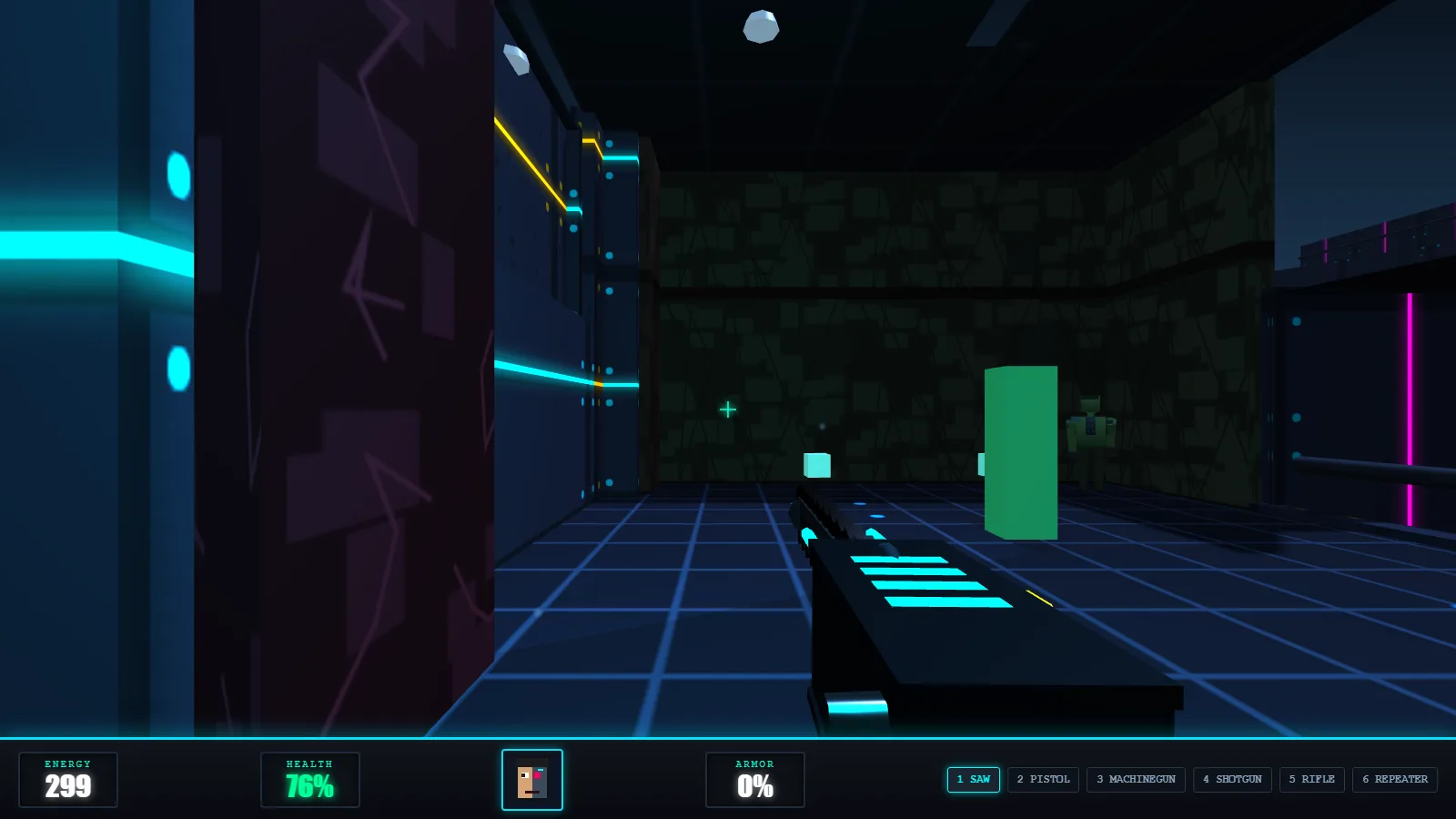 First-person view holding the always-on energy chainsaw, its blue-white blade spinning and lit, HUD showing 299 energy and 76% health.