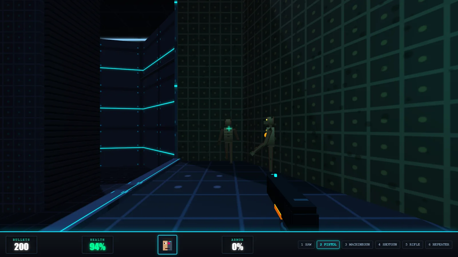 Pack 3 (Final Doom TNT), Level 1, loaded from the entry screen's pack and level dropdowns: two soldiers standing down a lit teal corridor, pistol raised.
