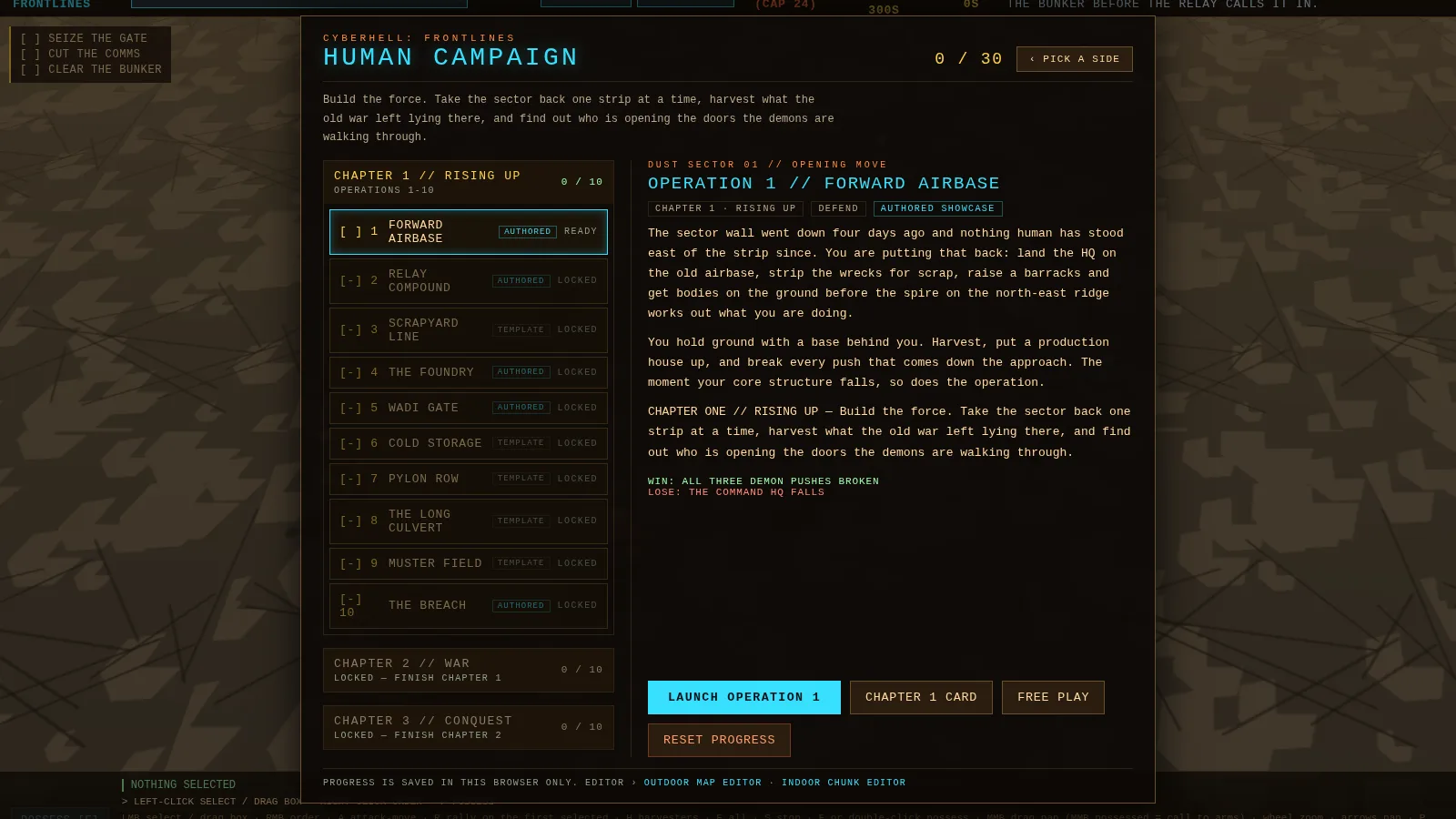 The Human Campaign screen: 0 of 30 cleared, Chapter 1 Rising Up listing operations 1–10 from Forward Airbase to The Breach, Chapters 2 War and 3 Conquest locked, the Operation 1 briefing on the right with Launch, Chapter Card, Free Play and a Pick a Side button to switch campaigns.