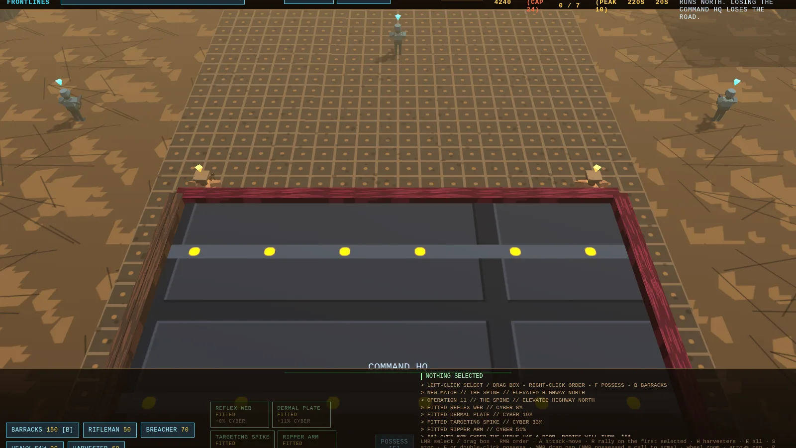 Human Operation 11, The Spine, mid-match from the command view: riflemen and breachers spread across the elevated highway above the command HQ, and the command log listing Reflex Web, Dermal Plate, Targeting Spike and Ripper Arm fitted, cyber load climbing 8%, 19%, 33%, 51%, then the warning that past 50% cyber the virus has a door and bodies will turn.