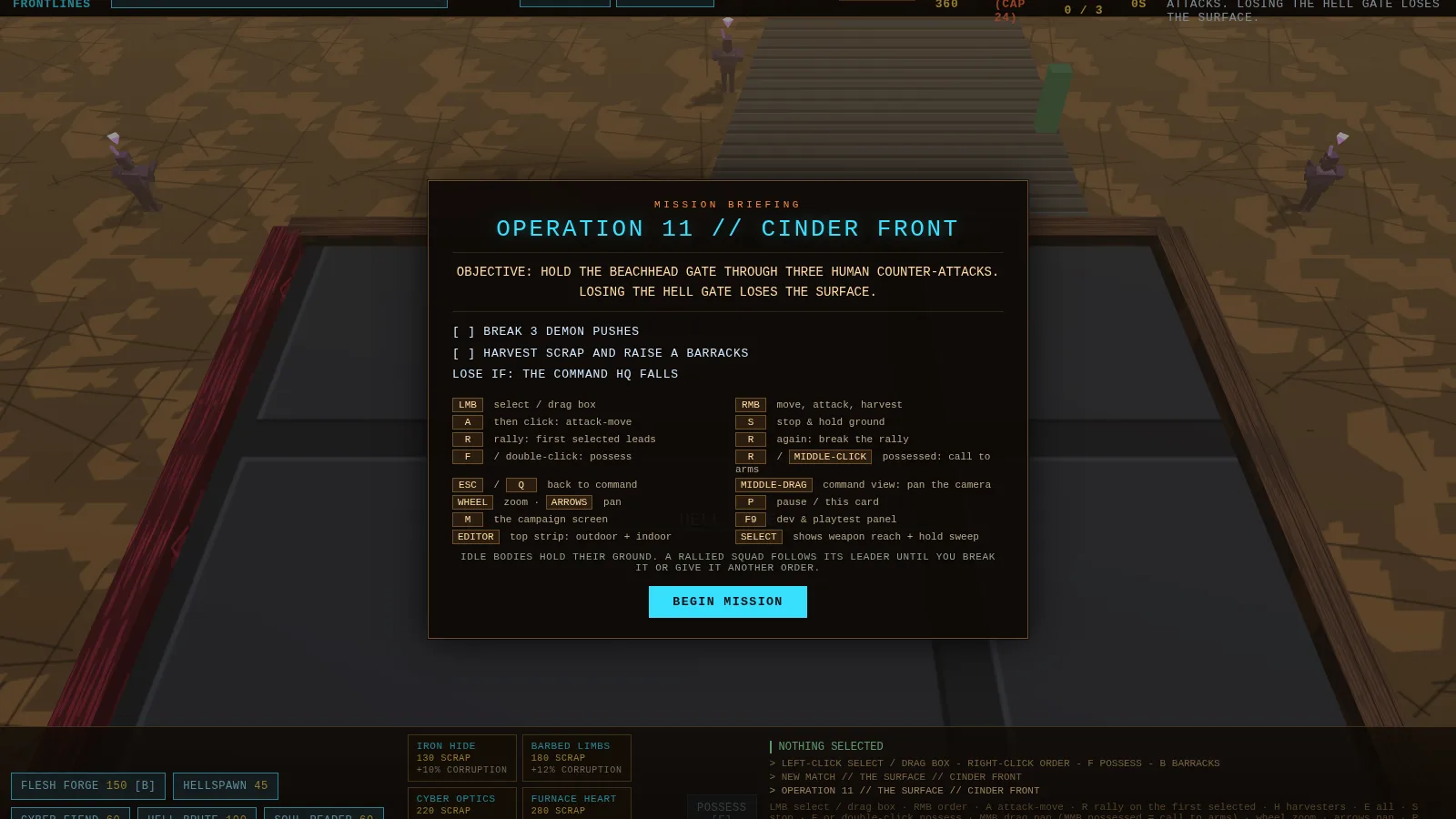 Cyber-Demon Chapter 2 briefing, Operation 11 Cinder Front, on the surface: hold the beachhead gate through three human counter-attacks, lose the surface if the hell gate falls.
