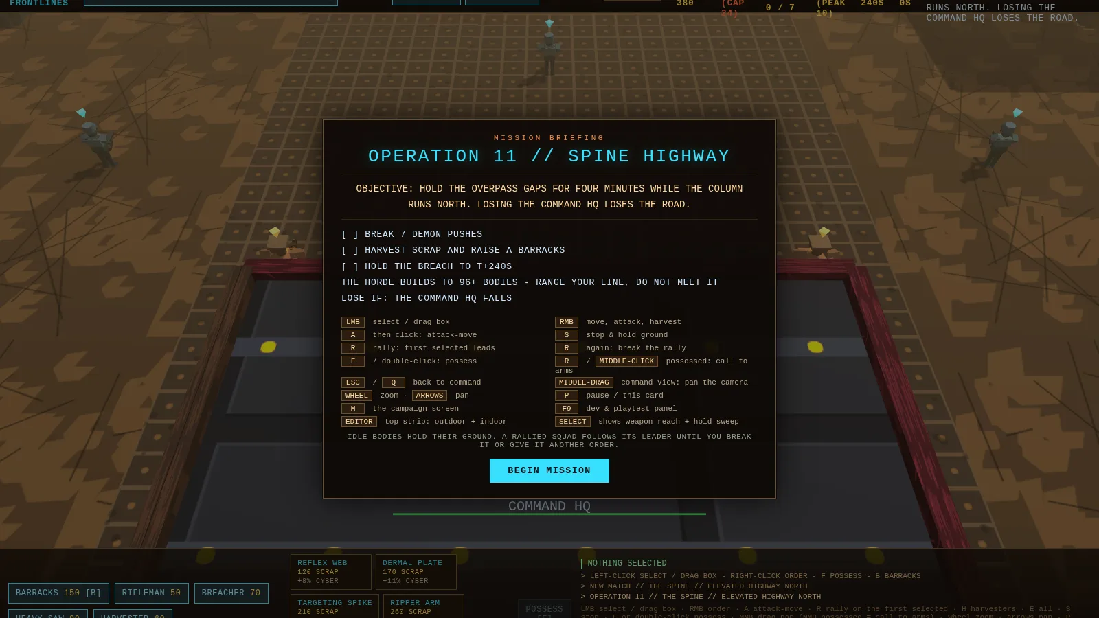 Human Chapter 2 briefing, Operation 11 Spine Highway: hold the overpass gaps for four minutes while the column runs north, break seven demon pushes, hold the breach to T+240s, with the warning that the horde builds to 96+ bodies — range your line, do not meet it.