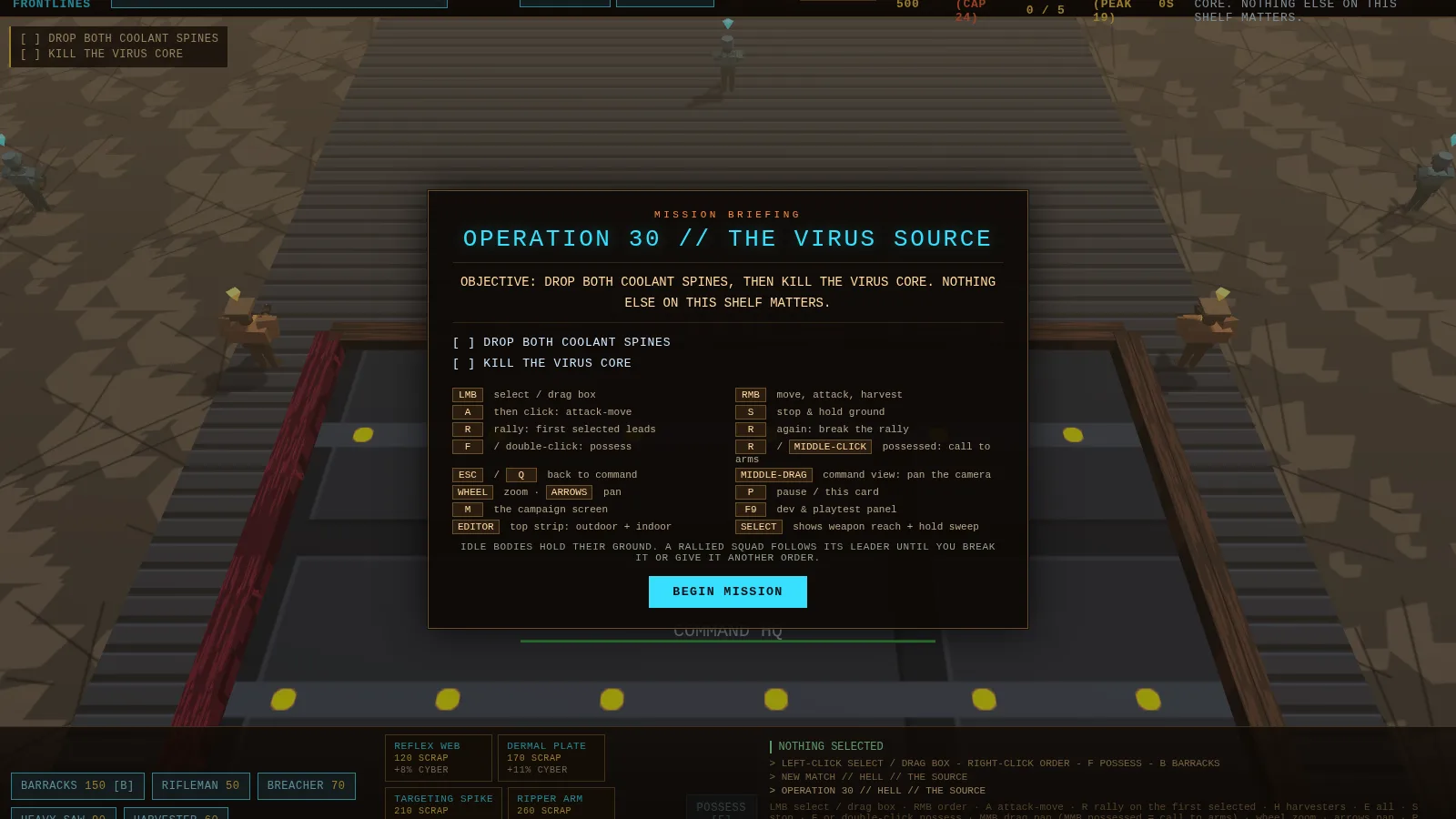 Human Chapter 3 briefing, Operation 30 The Virus Source, in Hell: drop both coolant spines, then kill the virus core — nothing else on this shelf matters — with the objective tracker pinned at top left.
