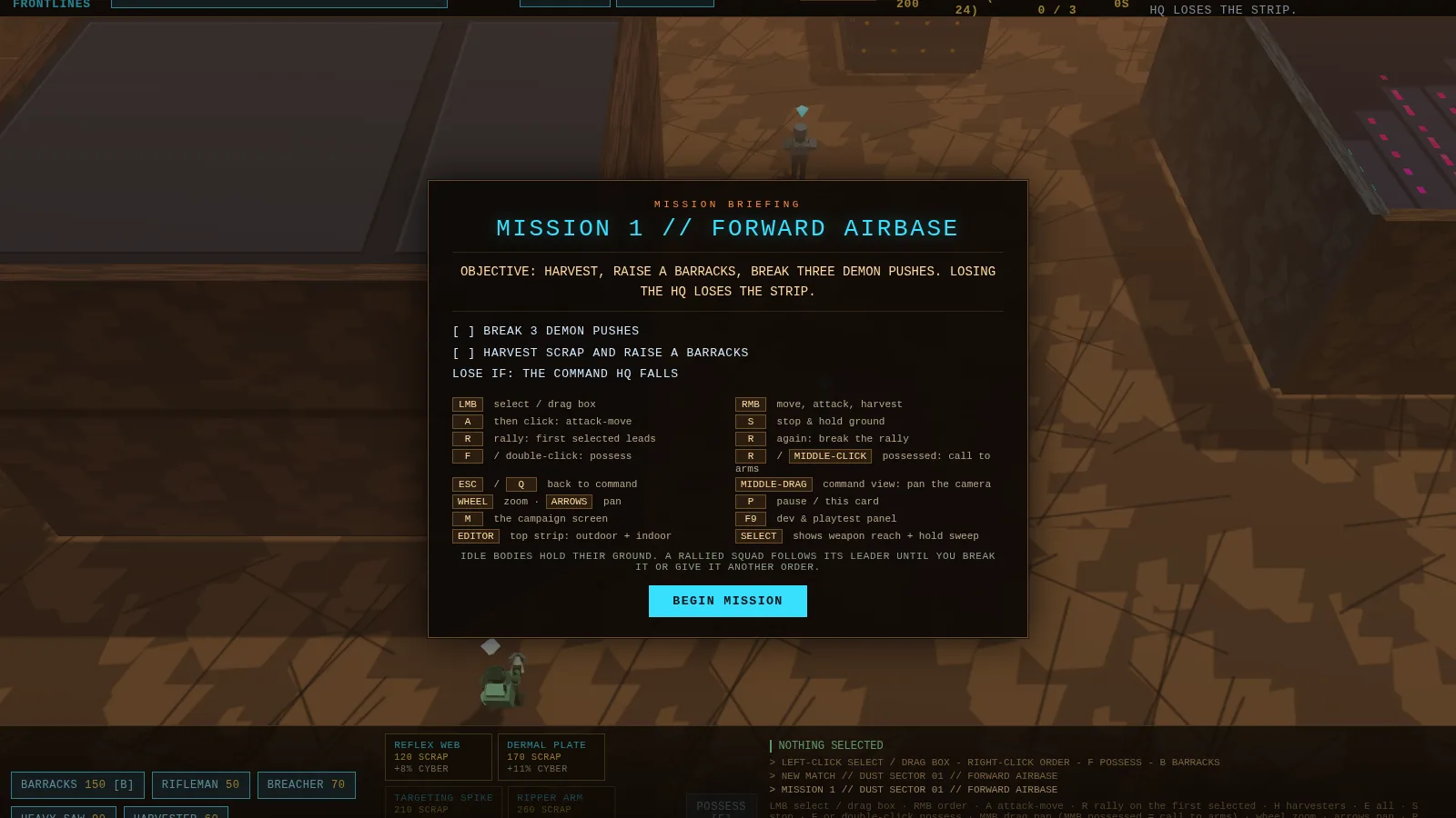 Human campaign, Mission 1 Forward Airbase, from the command view: the briefing card over a dusty sector floor — harvest, raise a barracks, break three demon pushes, lose if the command HQ falls — with the full command and possession control list, a rifleman and a harvester on the ground, and the Barracks, Rifleman and Breacher build buttons and the Reflex Web and Dermal Plate cyber augments along the bottom.