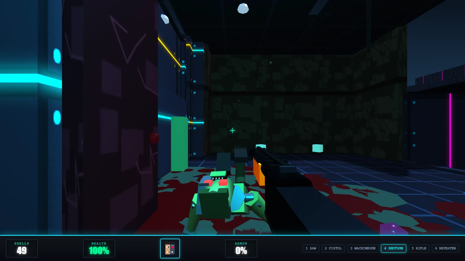 The same corridor two seconds later: the killed soldier collapsed in a spreading red and teal pool on the floor, blood and oil sprayed up the neon wall panel behind it.