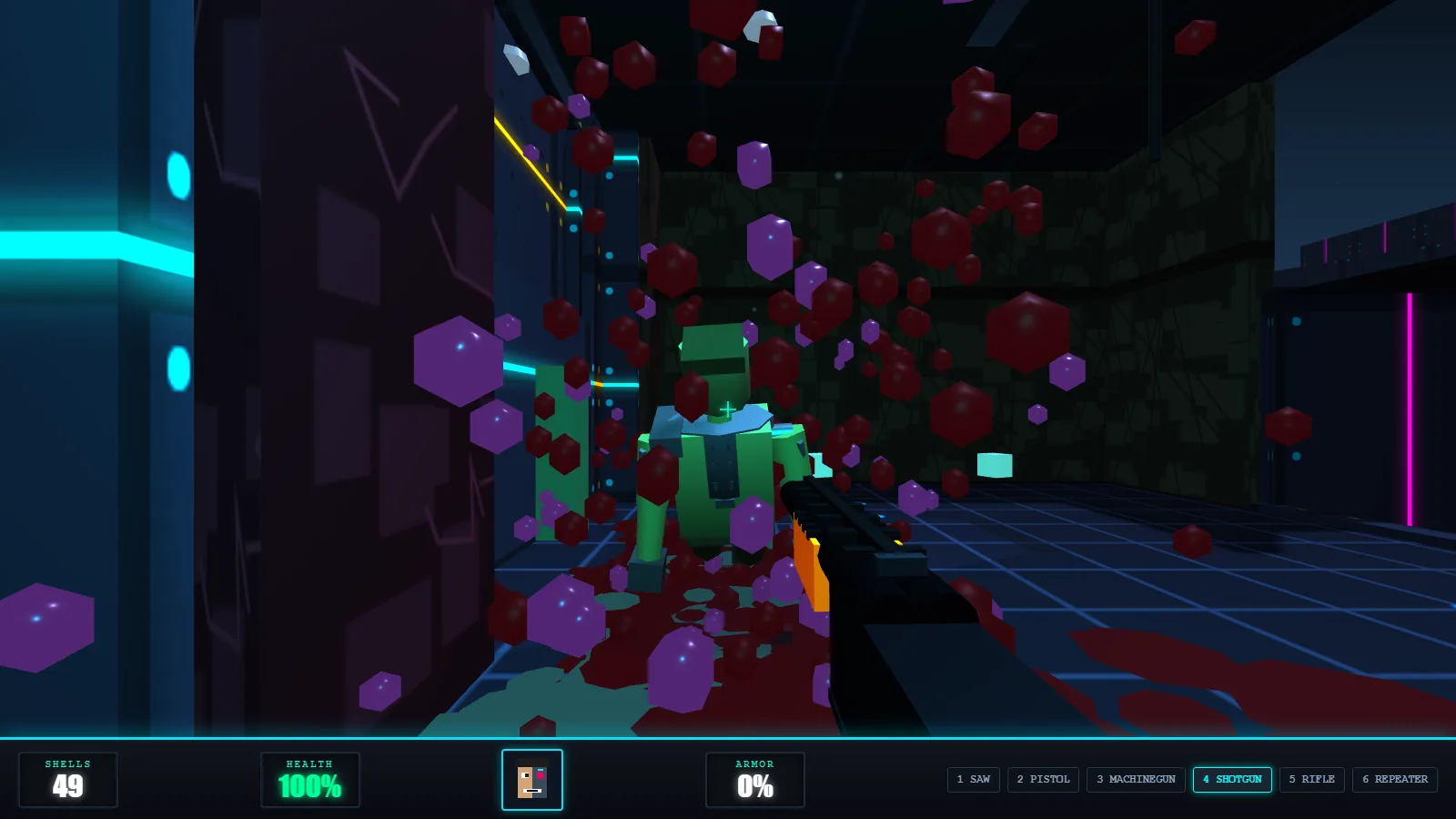 A shotgun kill mid-burst in MAP01 Entryway: a bio-cybernetic soldier vanishing in a spray of red blood and purple oil chunks against cyan and yellow neon panels, shells at 49 and health at 100% on the HUD.