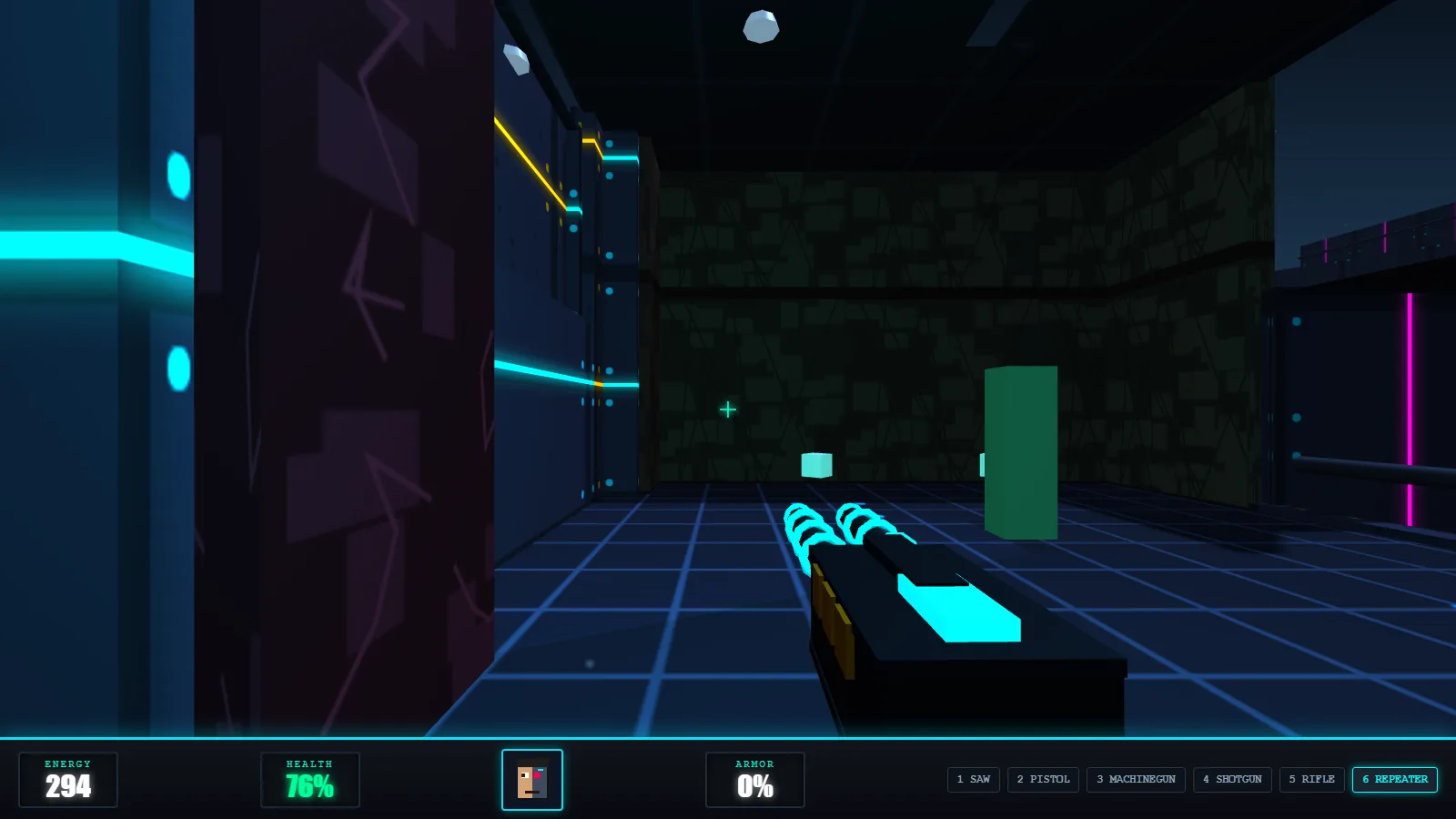 First-person view firing the energy repeater, a rapid stream of glowing cyan bolts arcing out from the weapon toward an enemy down the hall.