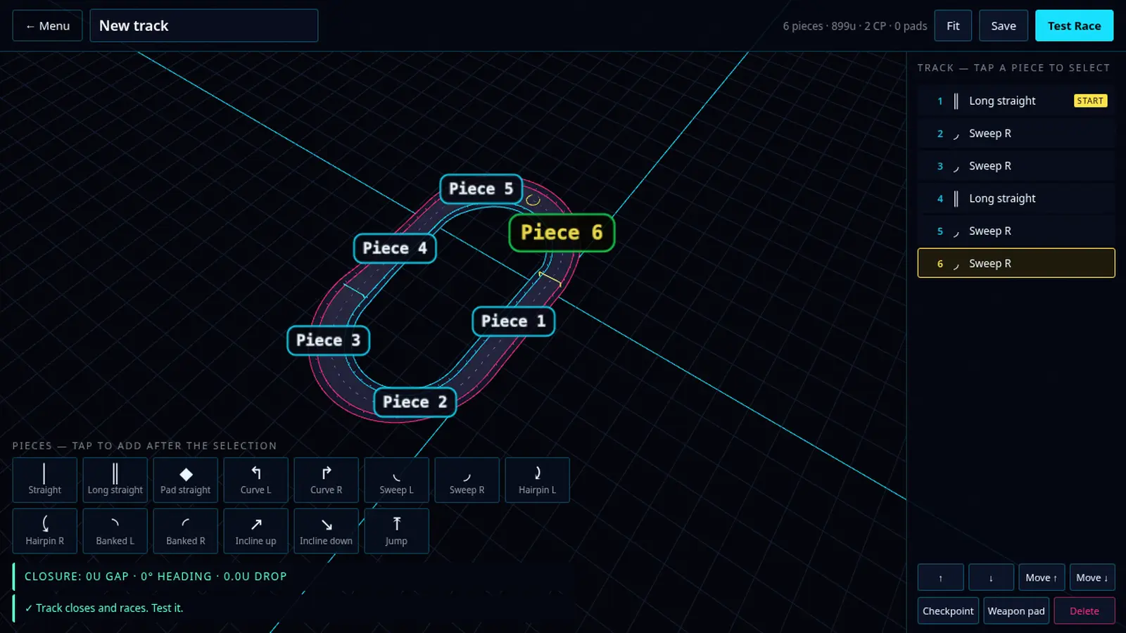 The track editor with a six-piece oval laid out on the grid, each segment labelled Piece 1 to Piece 6 with Piece 6 selected, the piece list on the right, the piece kit along the bottom, and the closure readout at 0U gap, 0° heading, 0.0U drop — track closes and races.