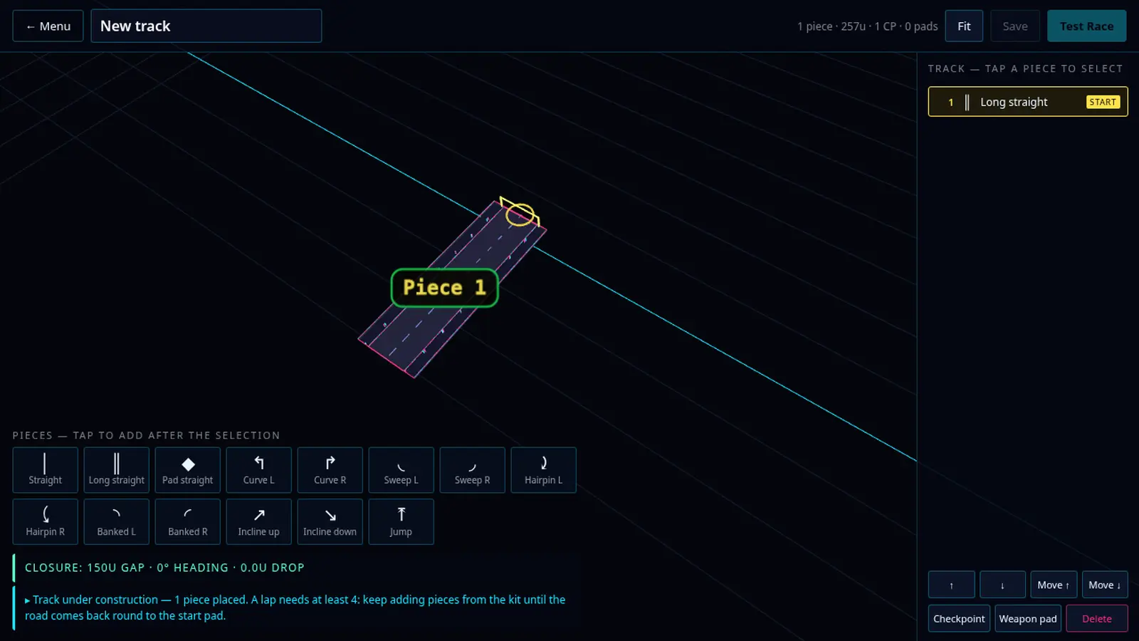 A new track in the editor: a single Long straight start pad on the grid, the closure readout at a 150U gap, and the under-construction prompt saying a lap needs at least four pieces before the road comes back round to the start pad.