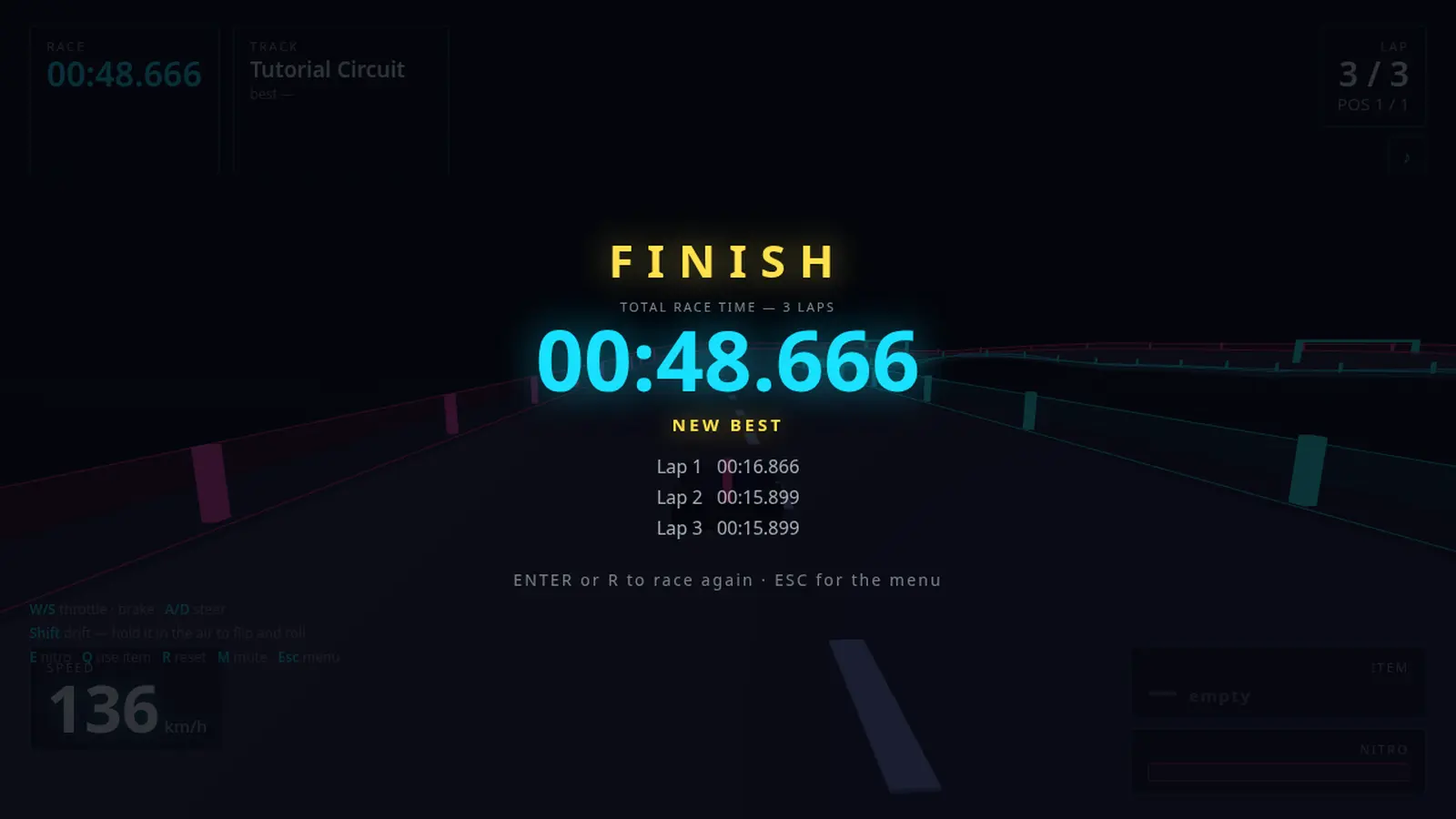 The FINISH banner over the Tutorial Circuit: total race time for 3 laps at 00:48.666, NEW BEST, and the three lap splits beneath, with Enter or R to race again and Esc for the menu.