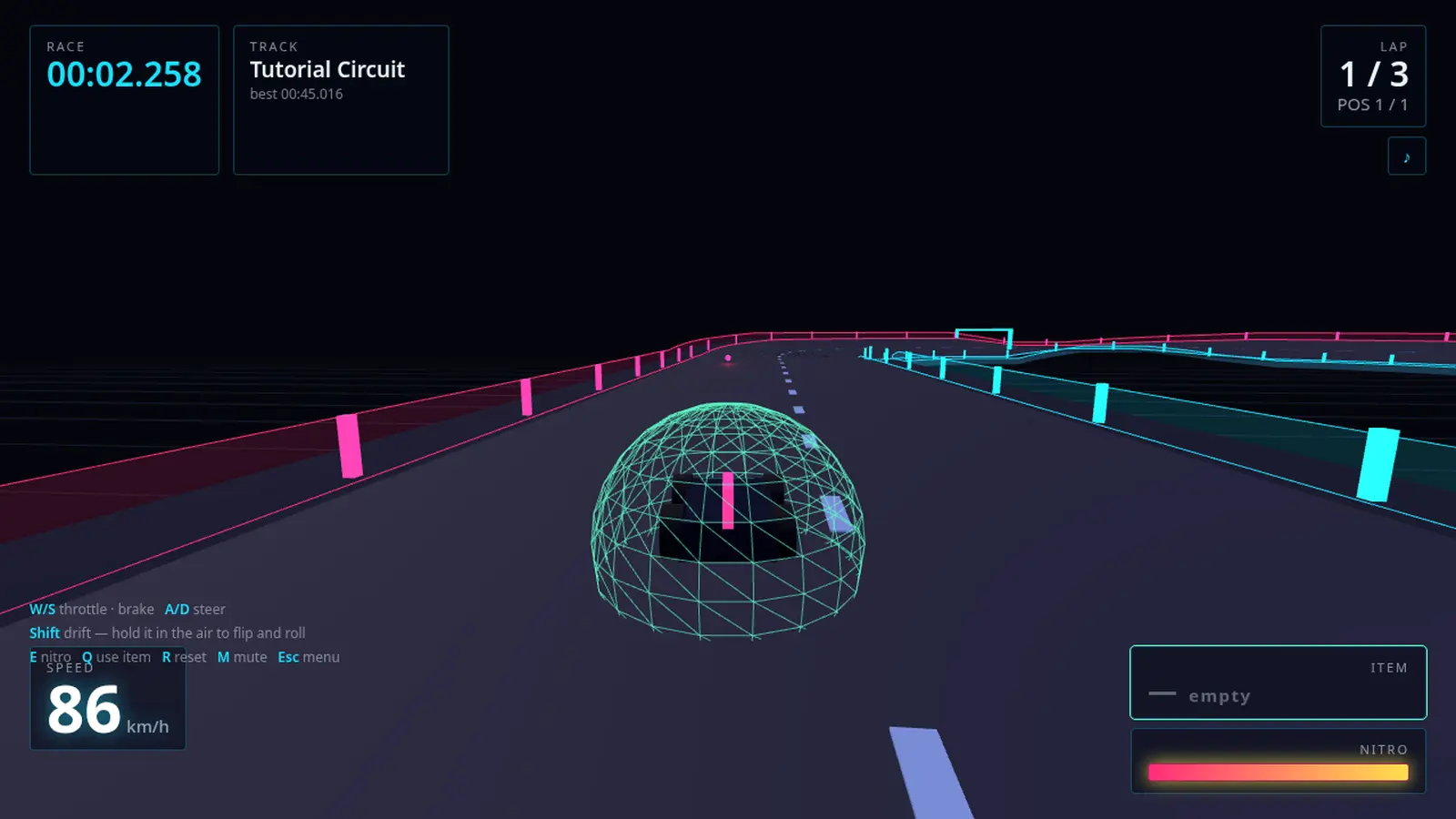 Mid-race on the Tutorial Circuit, lap 1 of 3: the kart wrapped in a cyan wireframe shield dome, running down a dark road between magenta and cyan neon rails, the race clock at 00:02.258, speed at 86 km/h, an empty item slot and a full nitro bar along the bottom.