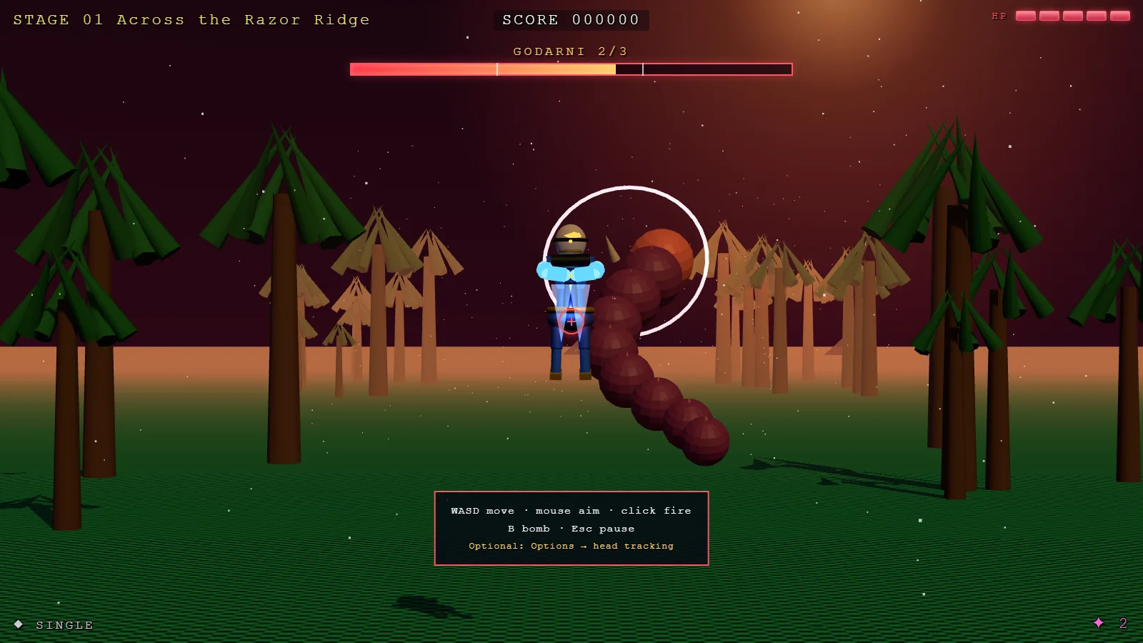 Godarni boss fight on Across the Razor Ridge: the phase-tick health bar reads GODARNI 2/3, the weak-point ring blown out white and swelling mid-tell, the boss's segmented body coiling behind the player figure.