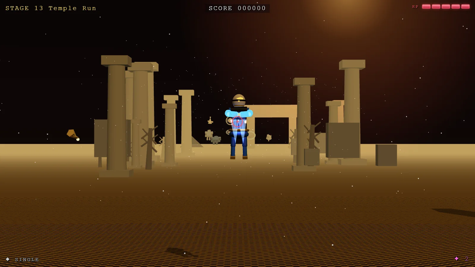 Stage 13, Temple Run: the player figure among sand-toned temple columns with a small enemy squad spread flanking left and right.