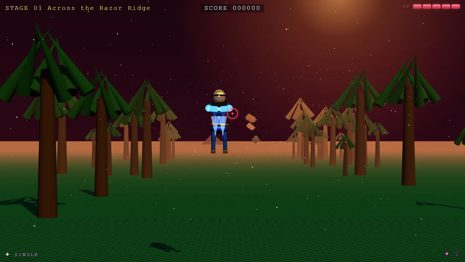 Stage 1, Across the Razor Ridge, mid-flight: the player figure between rows of trees with two enemies closing in from the tree line, HP and score along the top.