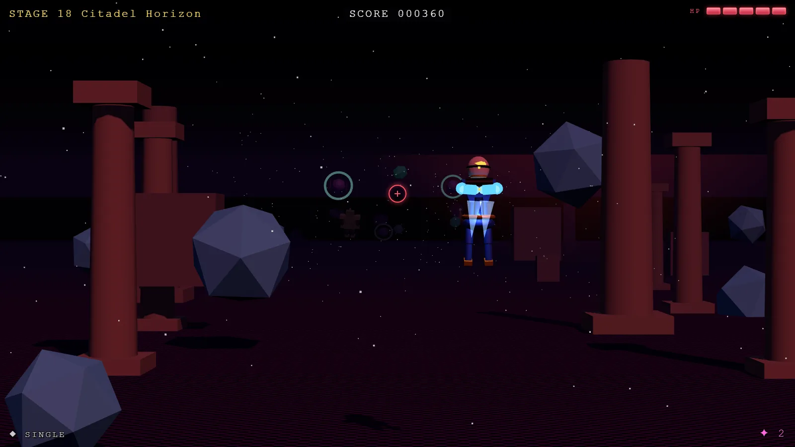 Stage 18, Citadel Horizon: dark red ruined pillars and floating asteroid shapes recede into a parallax ridge horizon, two enemies telegraphing a dive with glowing threat rings.