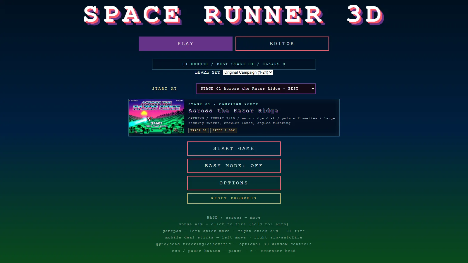 The title screen: Play and Editor buttons, a stage-set dropdown, the Stage 01 Across the Razor Ridge briefing card with its threat rating and encounter hooks, Start Game, Easy Mode off, Options and Reset Progress, and the full control list beneath.