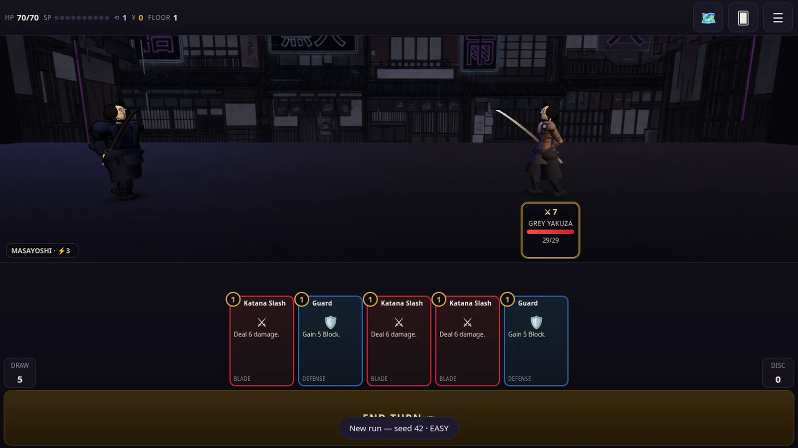 Floor 1 of the climb: Masayoshi in indigo squared up against a Grey Yakuza on a dark neon back-street, the enemy plate reading GREY YAKUZA at 29 of 29 health with an attack-7 intent above it, and a hand of three Katana Slash and two Guard cards fanned over the END TURN bar.