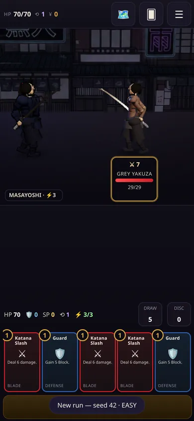 Floor 1 on a phone held upright: the 3D stage across the top with Masayoshi facing a Grey Yakuza on a neon street, the enemy plate at 29 of 29 health, a stats strip reading HP 70, Block 0, SP 0, one Rewind charge and 3 of 3 energy, and five cards — three Katana Slash and two Guard — fanned along the bottom.