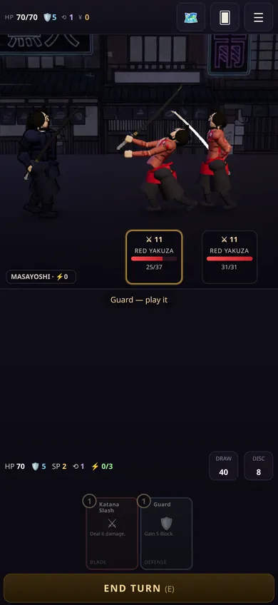 A two-on-one fight on a phone held upright: Masayoshi against two Red Yakuza caught mid-swing, both plates reading RED YAKUZA with an attack-11 intent at 25 of 37 and 31 of 31 health, energy spent at 0 of 3 so the two cards left in hand sit greyed out, and the full-width END TURN bar beneath them.
