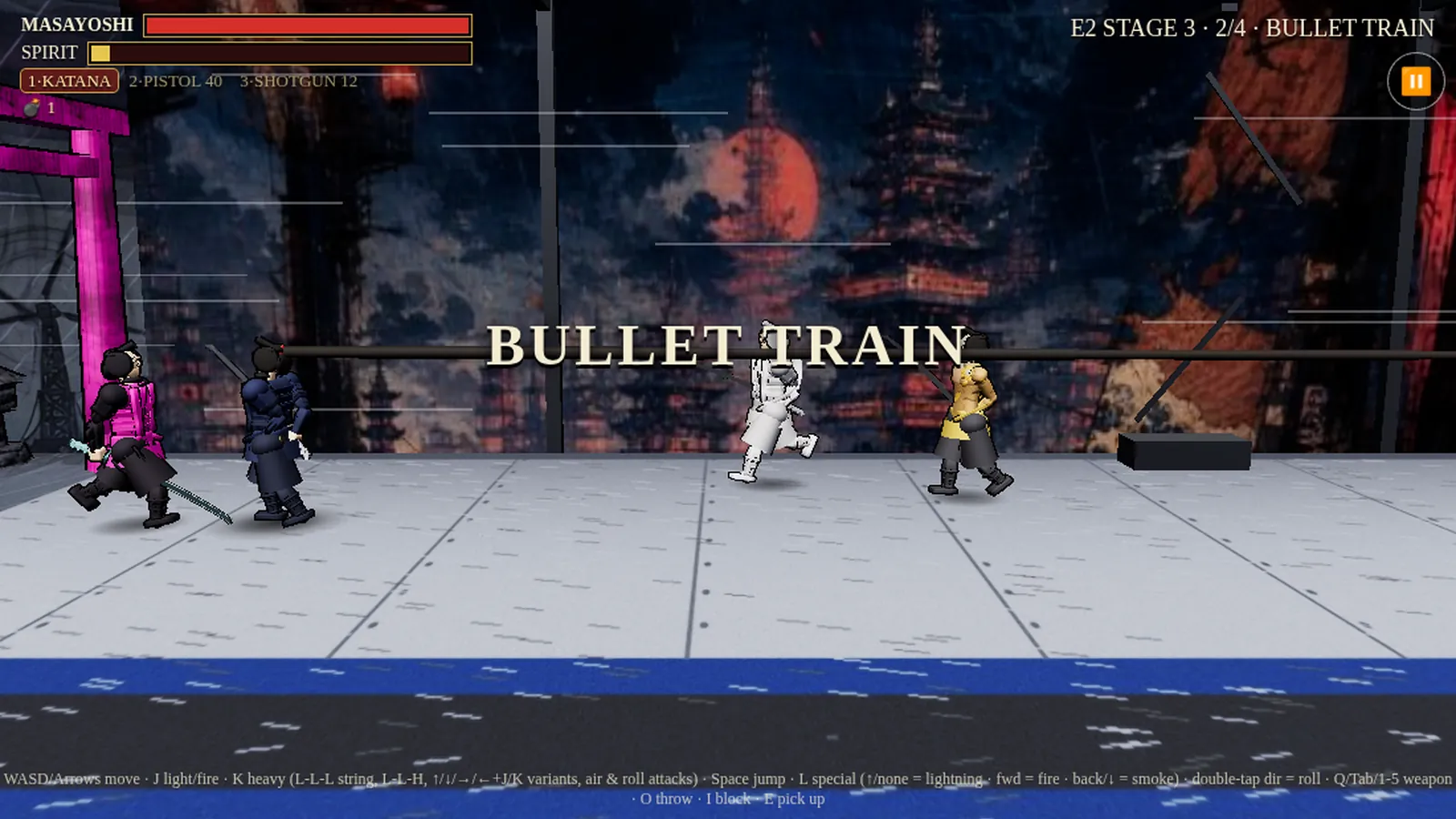 Episode 2, Stage 3, Bullet Train: Masayoshi on the roof of a speeding white train under a red moon and a pagoda skyline, enemies closing in from both sides beneath the BULLET TRAIN stage title.