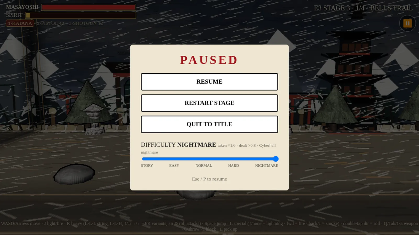 The pause menu over a rainy stage: Resume, Restart Stage and Quit to Title, with the difficulty slider beneath set to Nightmare.