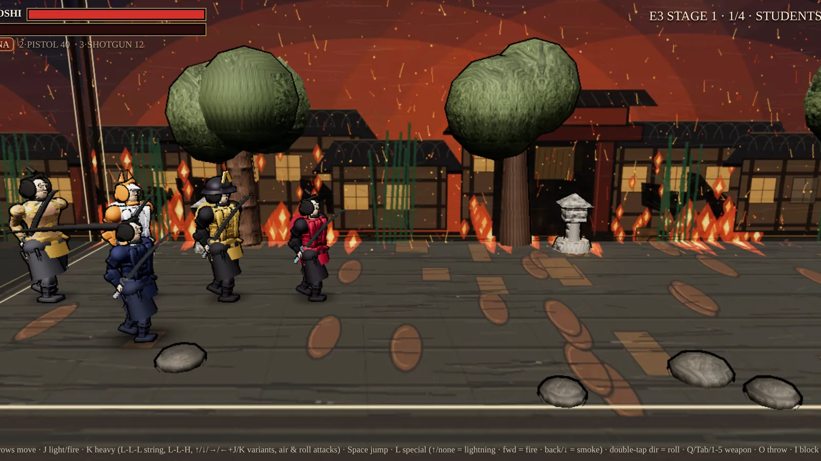 Episode 3, Stage 1, Students' Gate: a lineup of boss fighters standing across a stone courtyard in front of a burning Edo gatehouse, green pines behind them, with Masayoshi's health and spirit bars at top left.