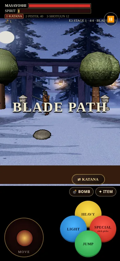 Episode 3, Stage 1, Blade Path on a phone held upright: a snowy shrine road under a full moon and a torii gate, the stage title across it, and the full touch pad underneath.