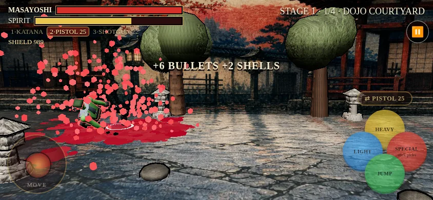 Sumi: Crossfire on an iPhone in landscape, Stage 1 in the Dojo Courtyard: Masayoshi cutting through a brawler in a spray of red, a +6 BULLETS +2 SHELLS pickup callout, the move stick at bottom left and the Light, Heavy, Special and Jump buttons at bottom right.