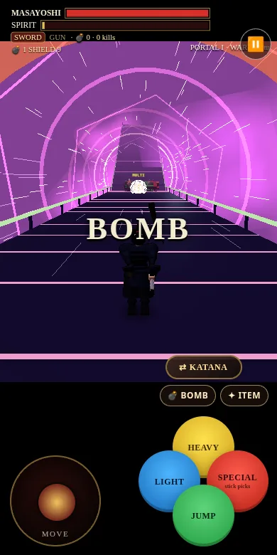 A portal rail run on a phone held upright: the hero running down a magenta neon tunnel under a BOMB callout, the game on the top half of the screen and the touch pad below it — Katana swap, Bomb and Item buttons, the move stick, and the Light, Heavy, Special and Jump cluster.