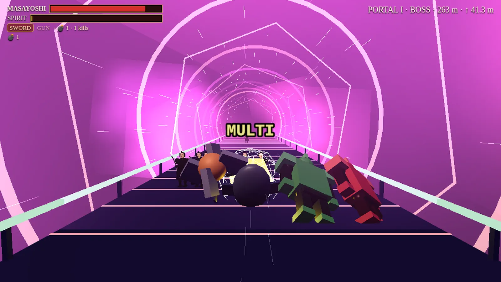 A time-portal rail run: the hero racing down a magenta neon tunnel toward the Portal 3 boss, a MULTI hit callout over a pack of enemies, the boss bar at the top of the screen.