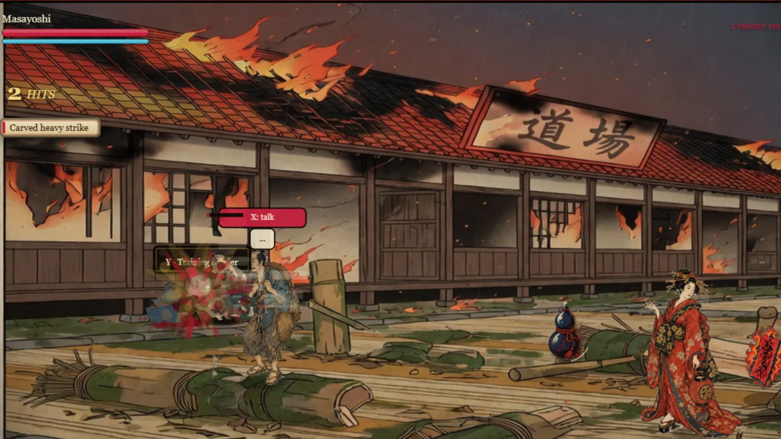 Sumi in play: the Dojo Courtyard chapter in woodblock line and flat colour — the dojo burning behind its 道場 board, Masayoshi's heavy strike landing in a vermillion burst on a brawler, a courtesan in red walking the wreckage, with the health bars and a 2 HITS counter over it.